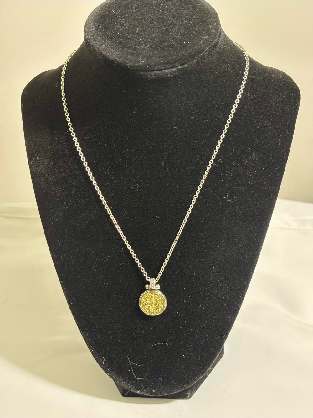 VINTAGE BRIGHTON LUCIA COIN GOLD (GP) ROSARY PENDANT NECKLACE-18" TWO TONE-SP